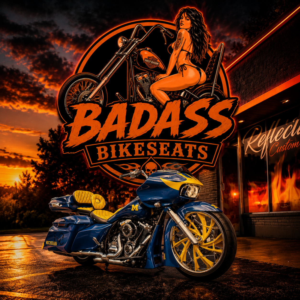 Scott Lynch's custom Michigan-themed bagger outside the Badass Bikeseats shop